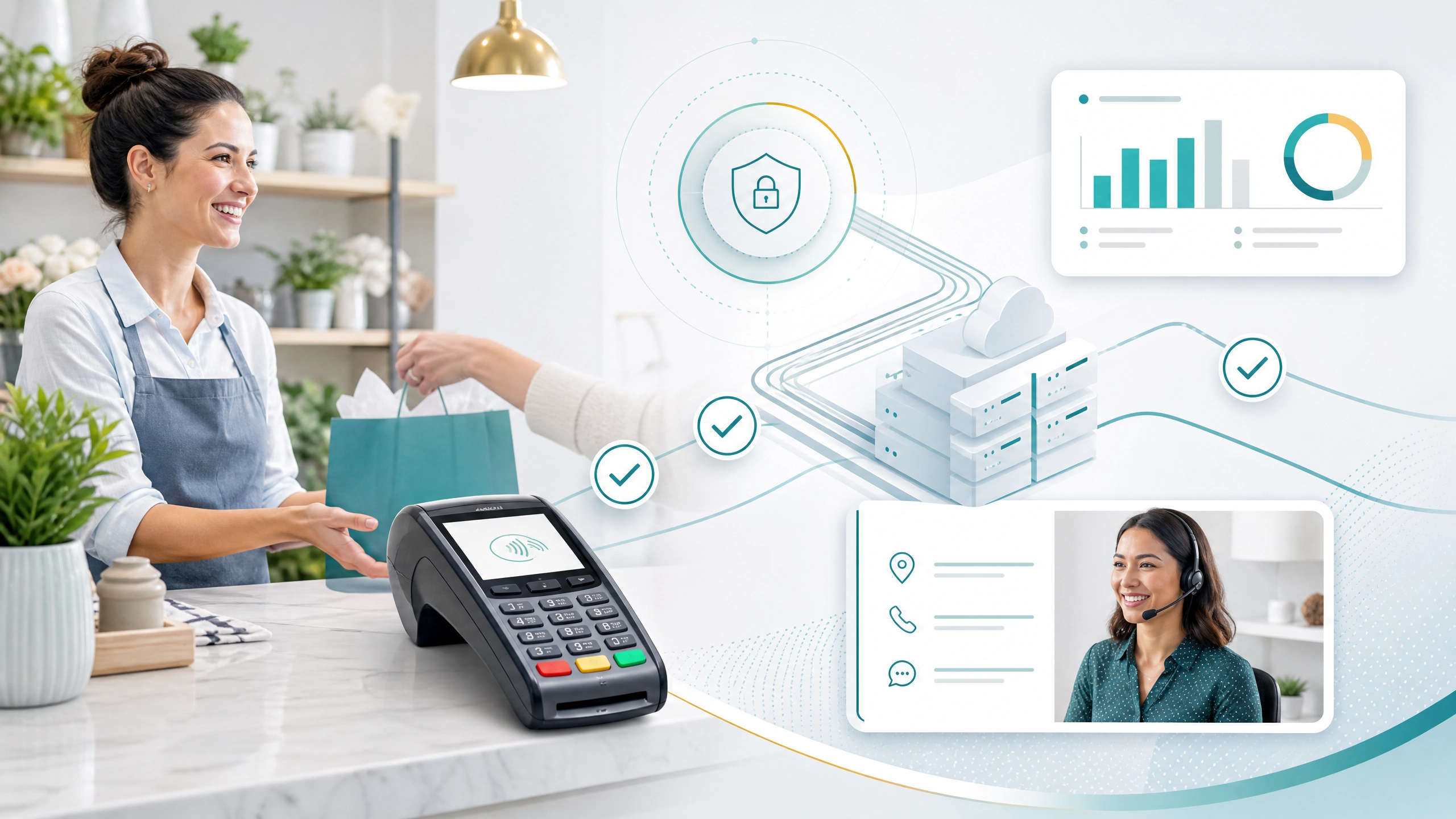 Merchant at counter with local support and payment processing infrastructure in the background