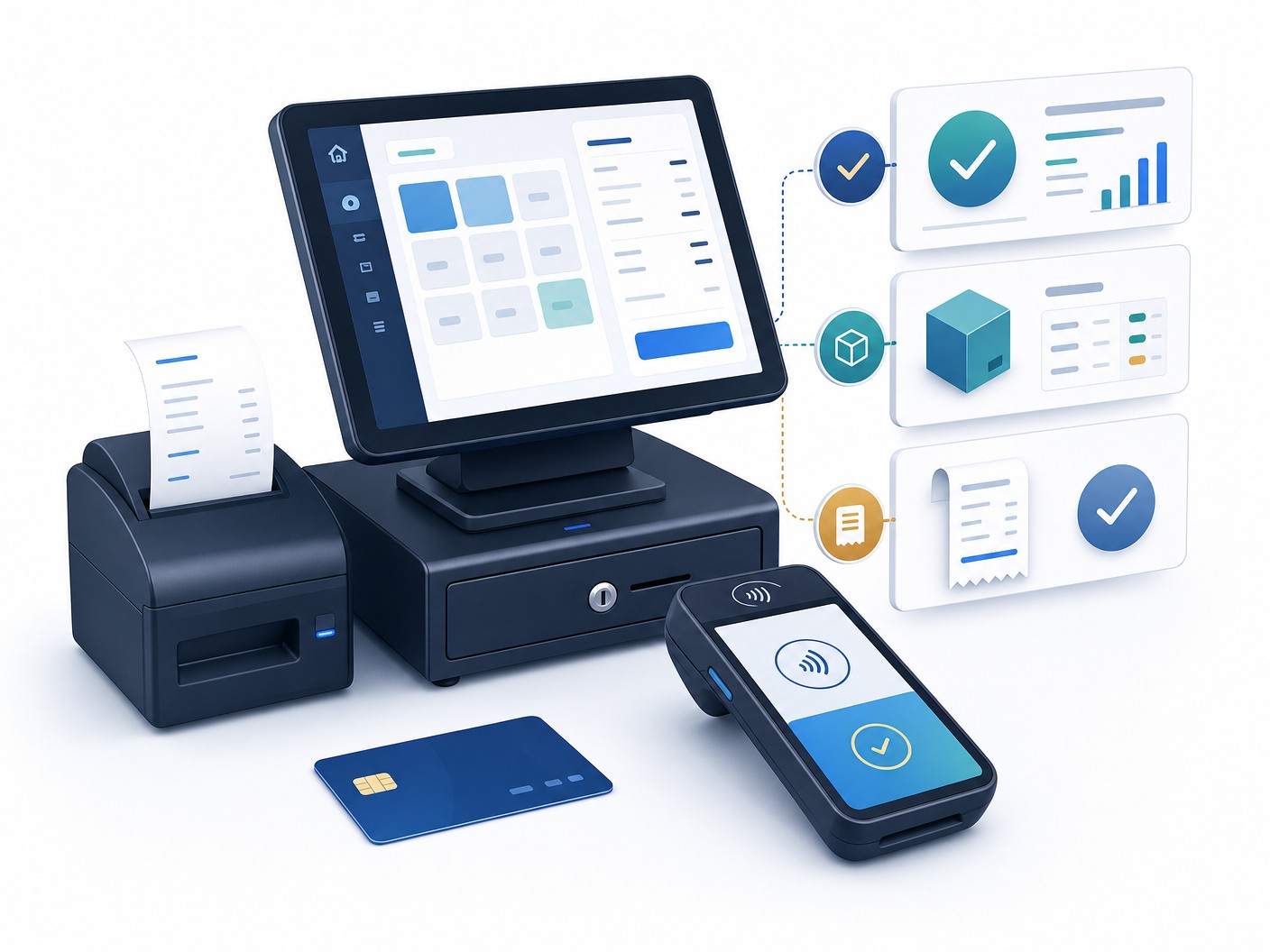 POS system with touchscreen register, receipt printer, payment terminal, and contactless card