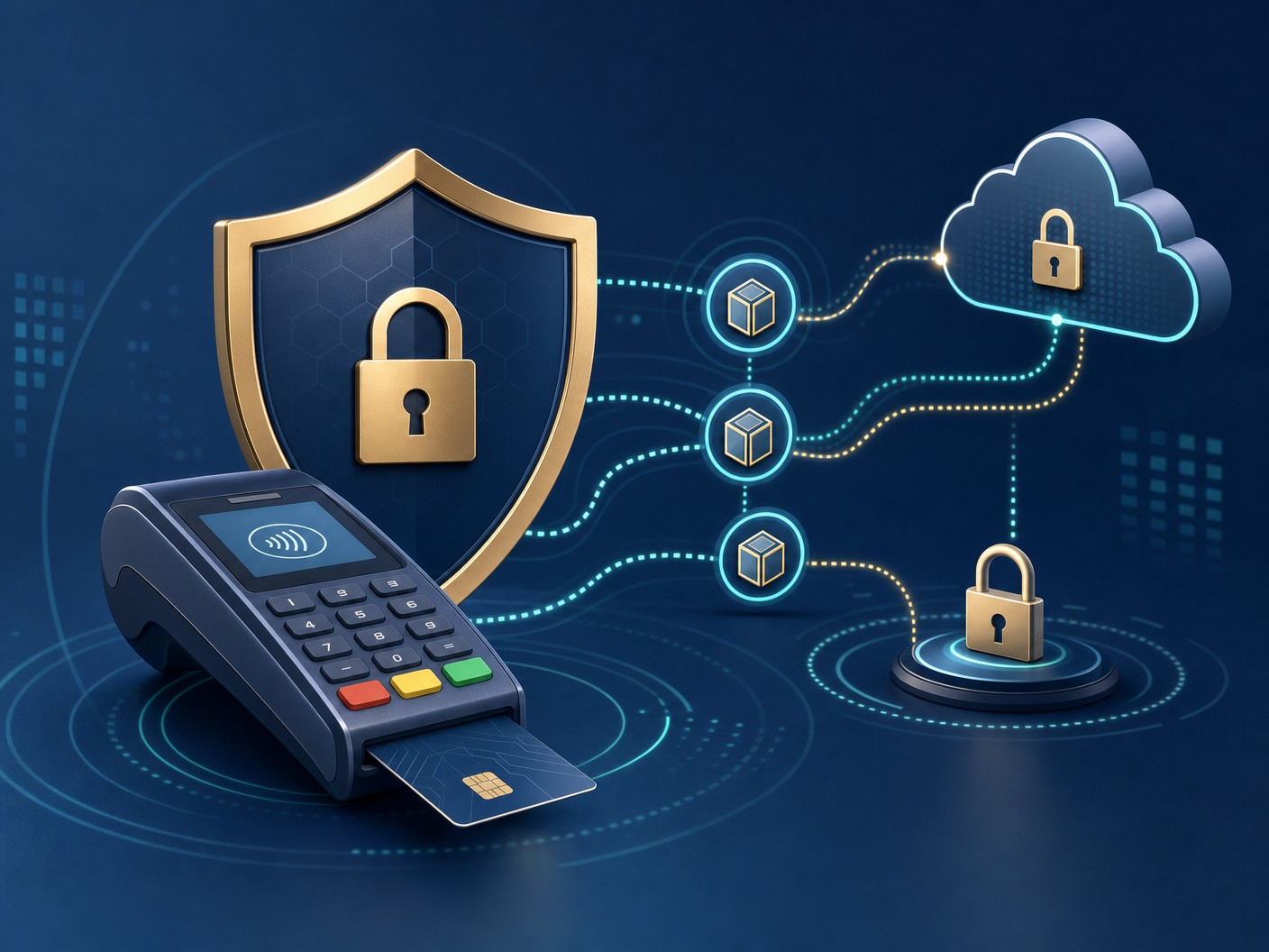 Payment security illustration with shield, locks, and encrypted terminal connections